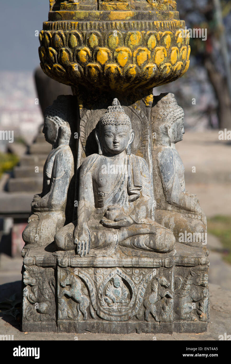 Old Buddhist Statue, Swayambhunath Monkey Temple, Kathmandu, Nepal Stock Photo