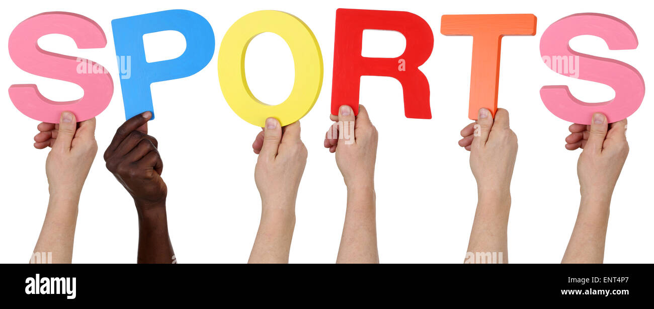 Multi ethnic group of people holding the word sports isolated Stock Photo
