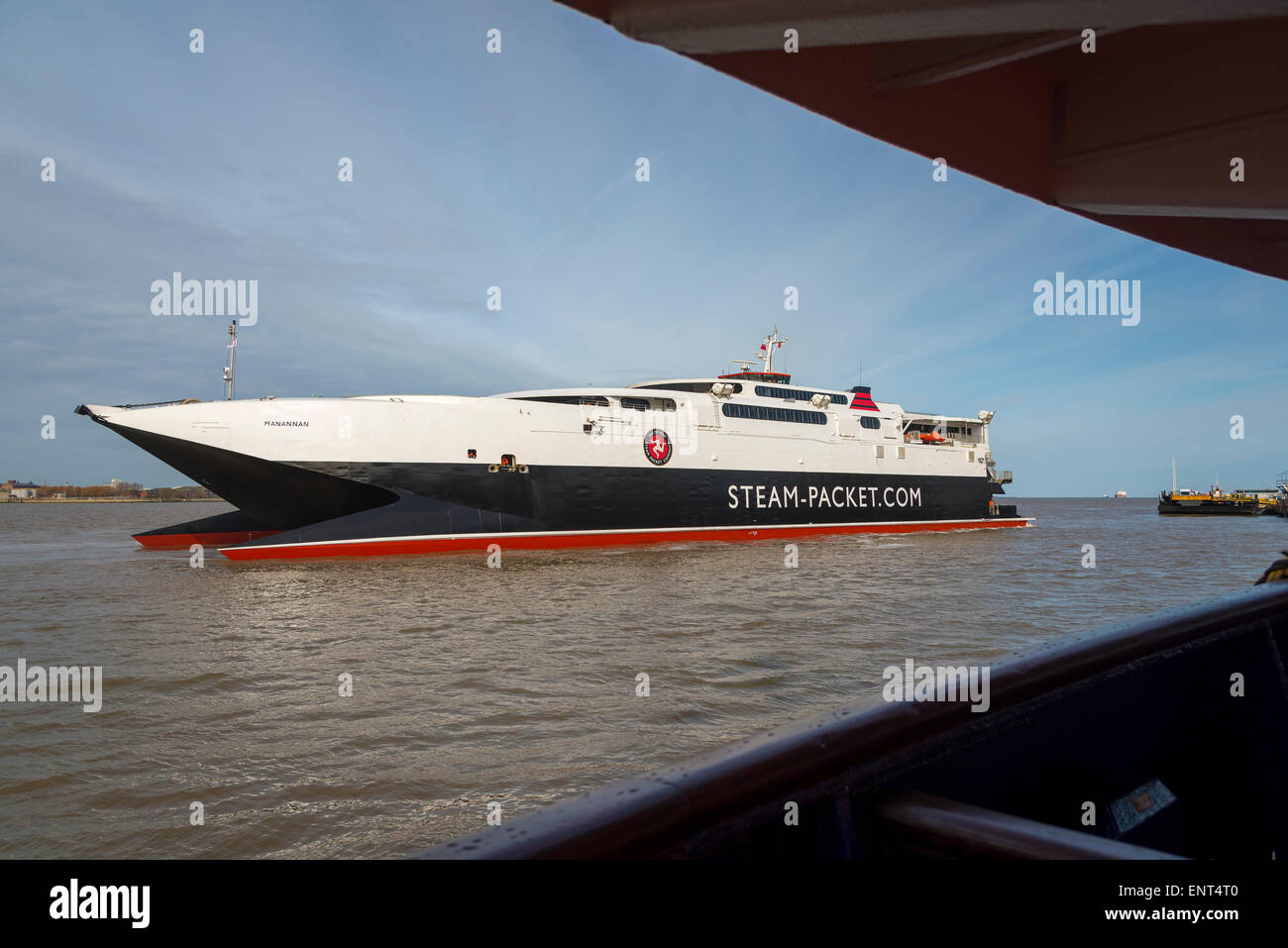The Isle of Mann Steam Packet Company catamaran the Manannan in the river Mersey. IOMSP. High speed car ferry. Stock Photo