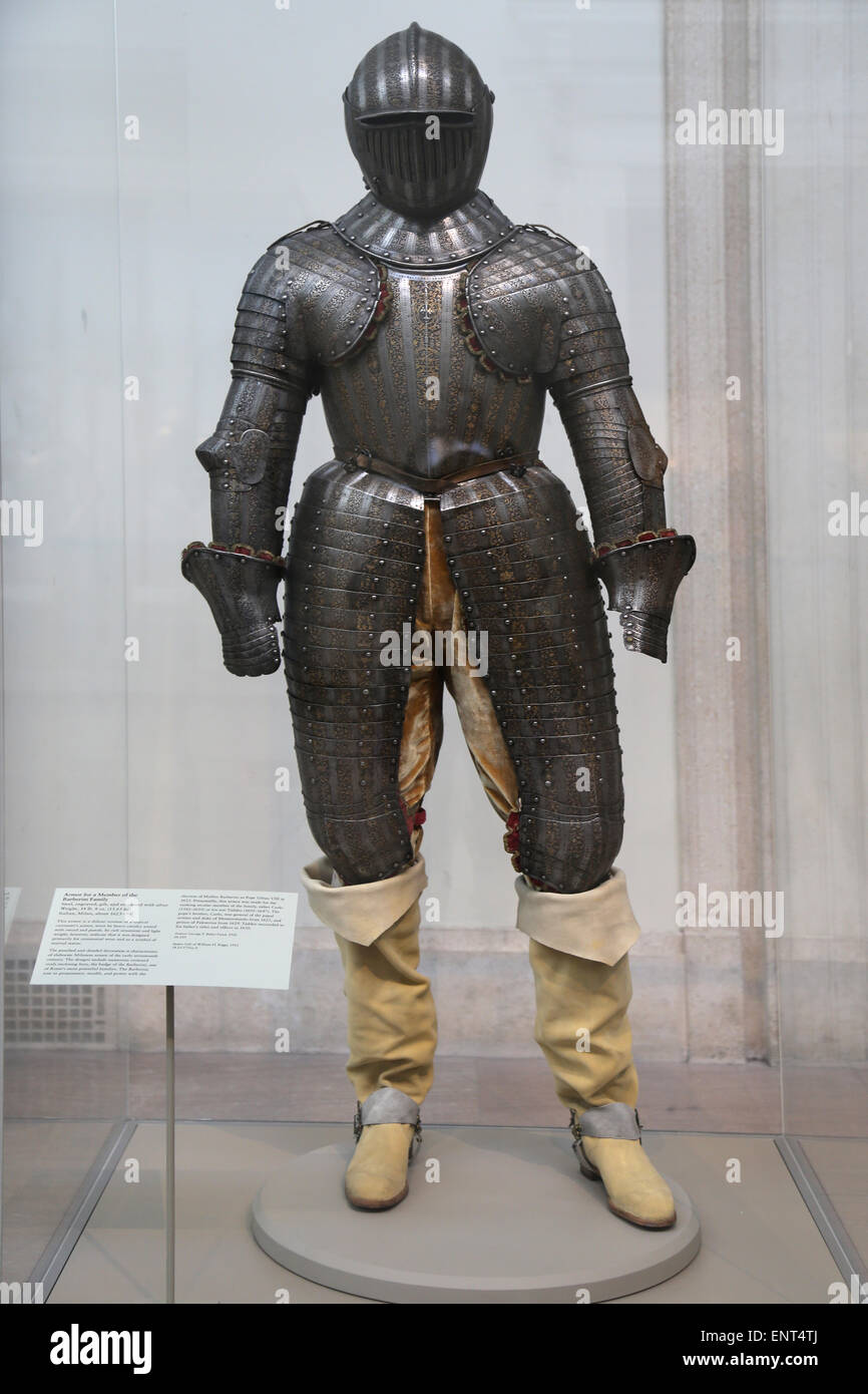 Armor for a member of the Barberini Family. Steel, engraved, gilt and encrusted with silver weight. From Milan, Italy. 1623-30. Stock Photo