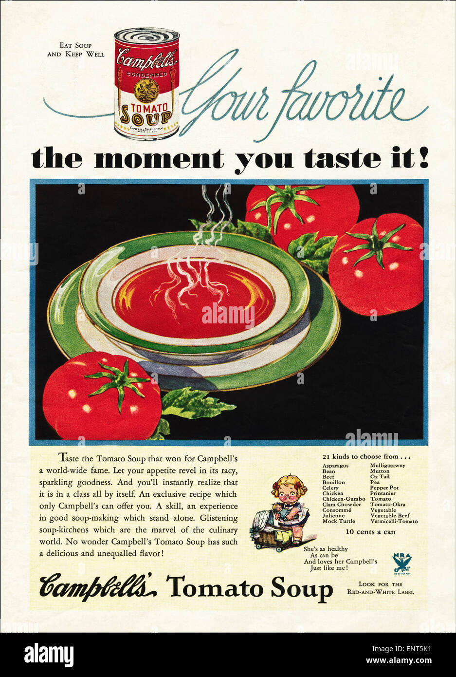 Vintage advert in 1930s American magazine dated November 1933 for CAMPBELLS TOMATO SOUP Stock Photo