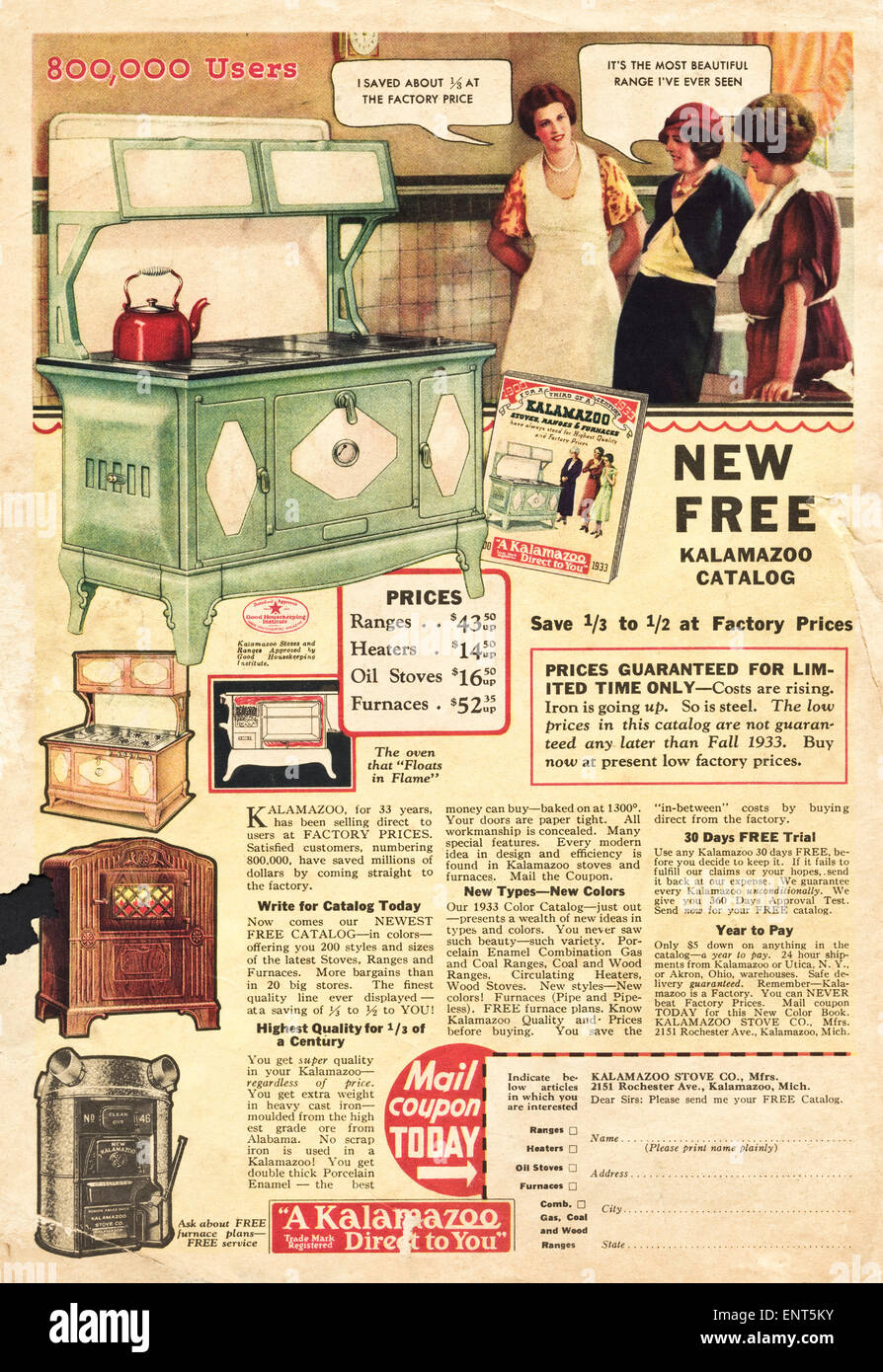 Vintage advert in 1930s American magazine dated November 1933 for KALAMAZOO cookers and stoves Stock Photo - Alamy for Back In 1933 Printable Free
