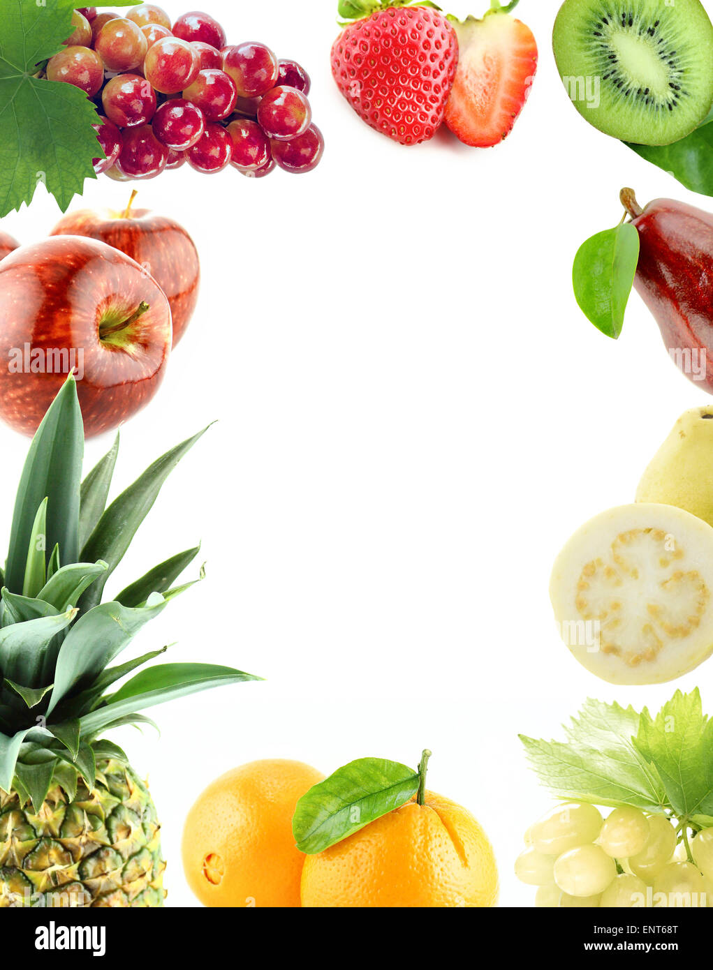 Healthy Organic Vegetables and Fruits on a white Background. Art Border Design with copy space to add text. Stock Photo