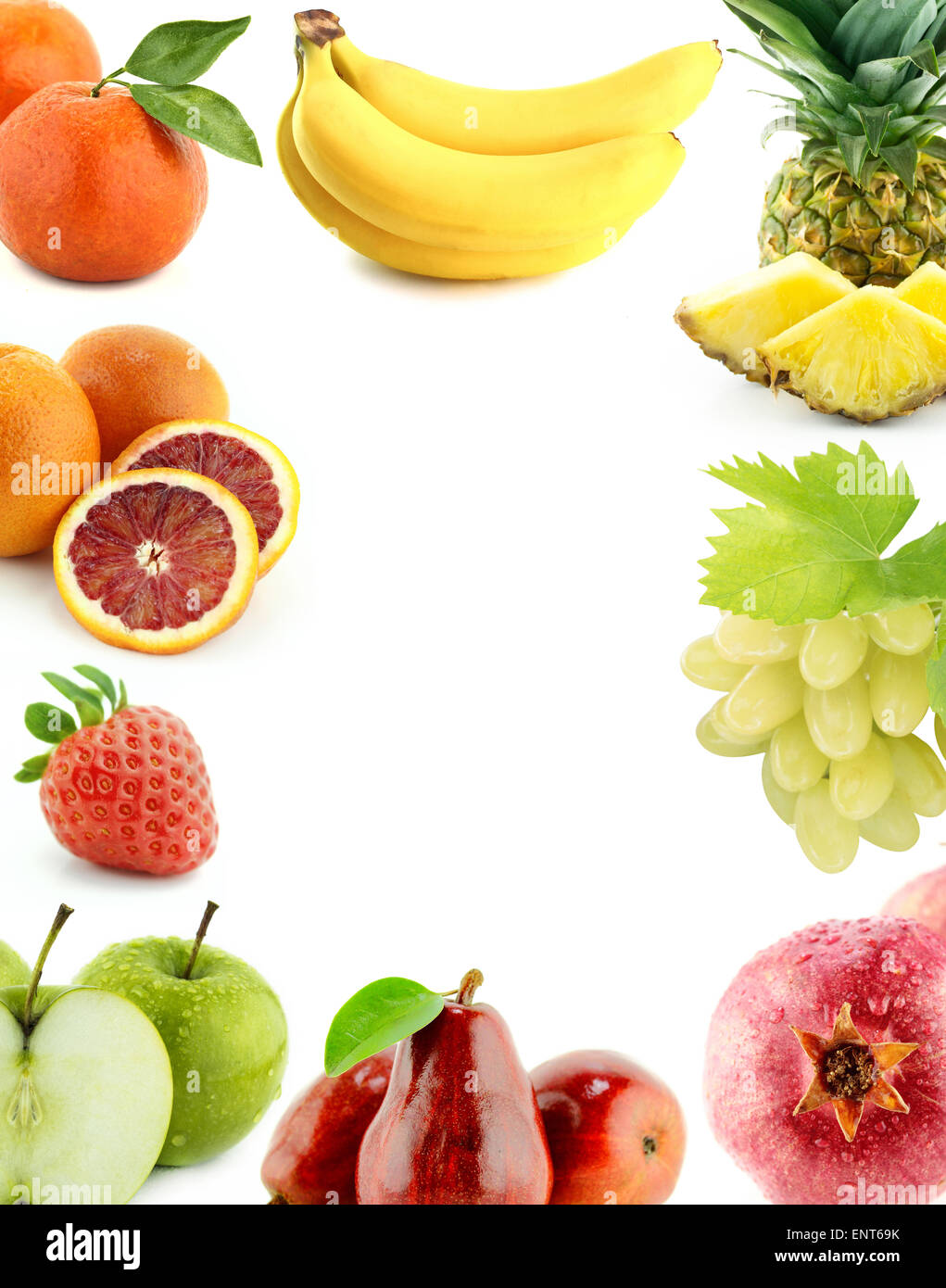 Healthy Organic Vegetables and Fruits on a white Background. Art Border Design with copy space to add text. Stock Photo