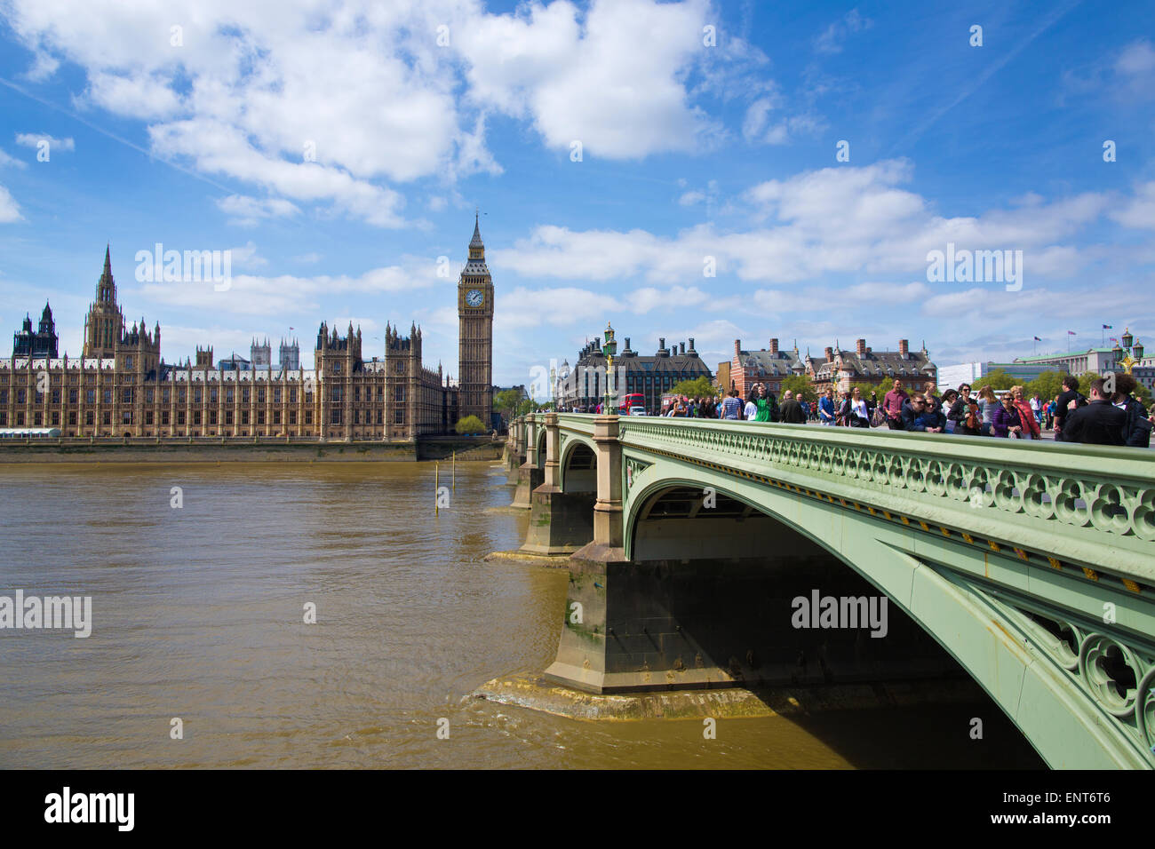 Palace of Westminster and the Elizabeth Tower, known as Big Ben, viewed from the south side of Westminster Bridge, London, UK Stock Photo