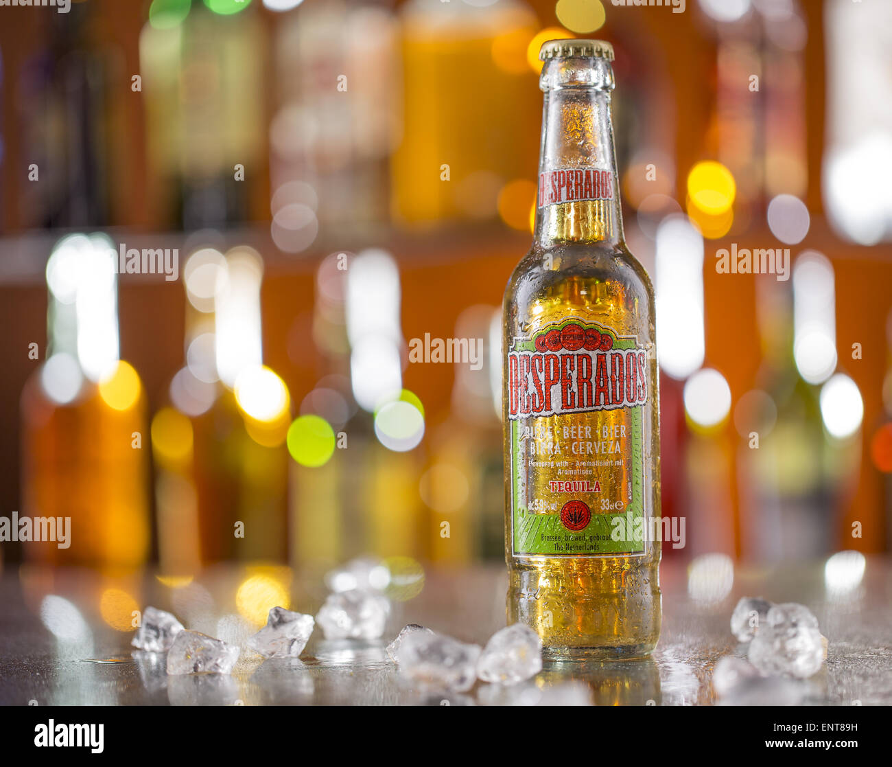 PRAGUE, CZ - MAY 5, 2015: Desperados, a pale lager flavored with tequila is a popular beer produced by Heineken and sold in over Stock Photo