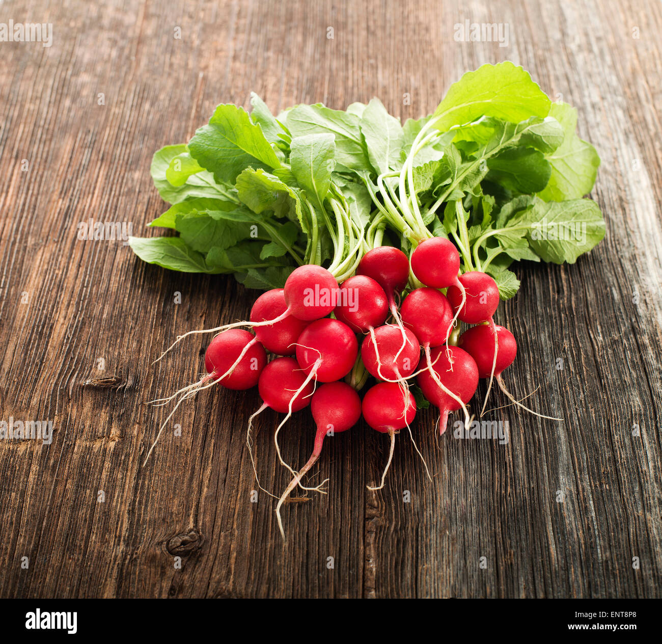 Bunch of fresh red radish on wooden table Stock Photo