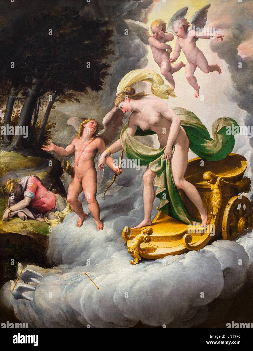 Venus conducted by Love alongside with dead Adonis, mortally wounded by a boar because of Diana anger (Metamorphoses by Ovid) 26/09/2013 - 16th century Collection Stock Photo