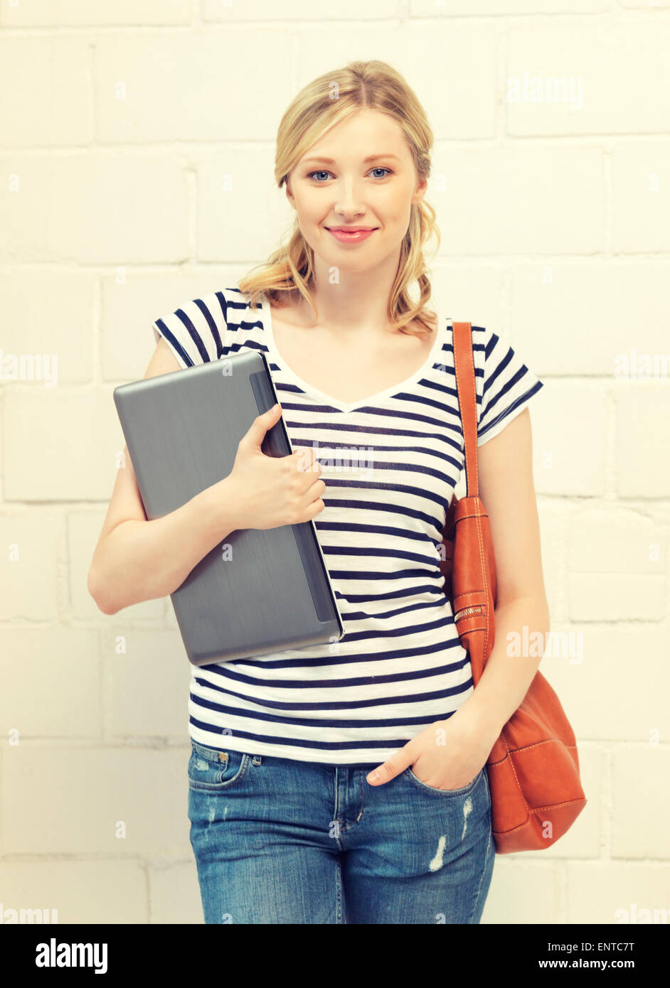 happy and smiling teenage girl with laptop Stock Photo - Alamy