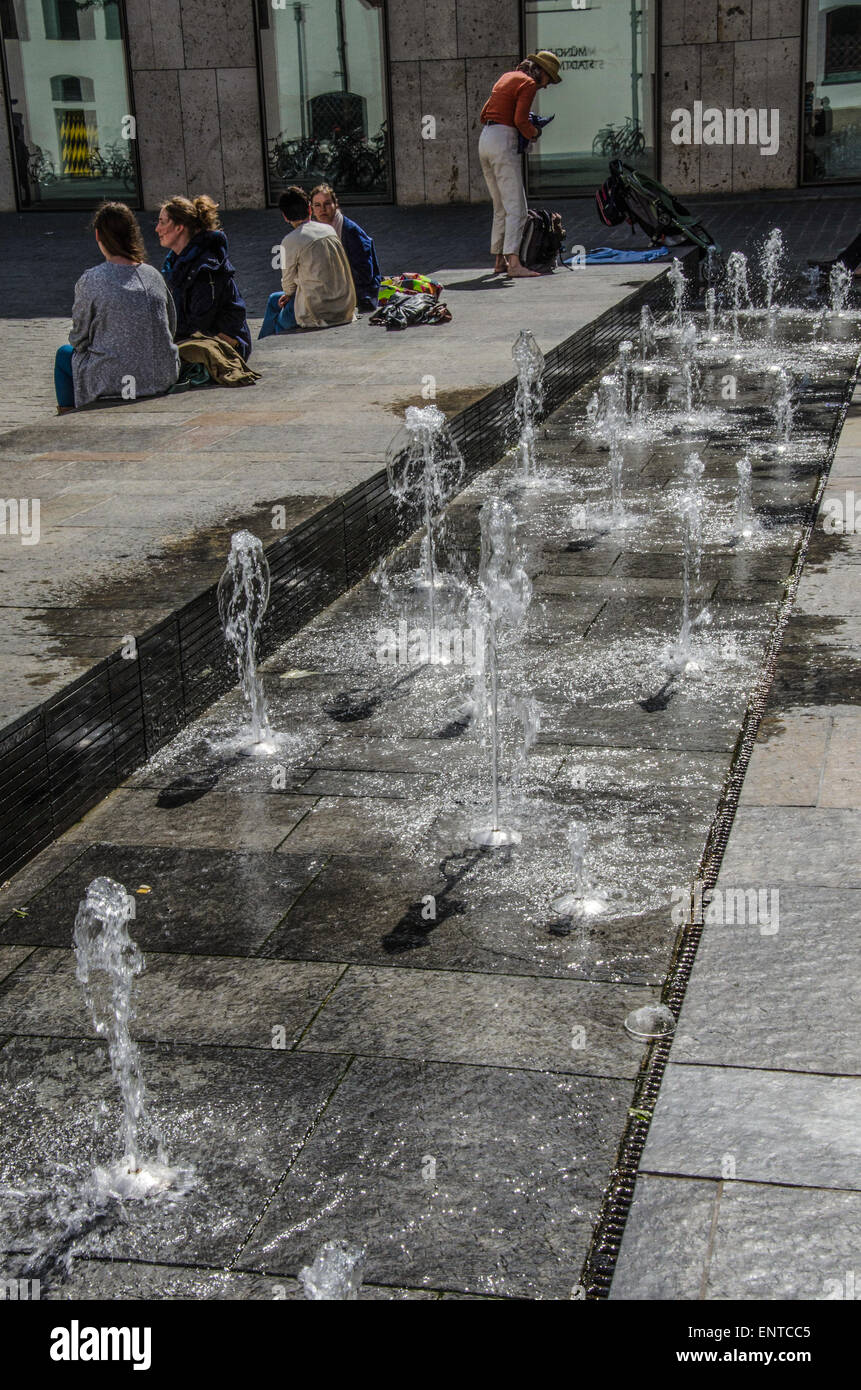 Waterspout fountain at Munich's Jakobsplatz near Munich Jewish Centre and Synagogue. Stock Photo