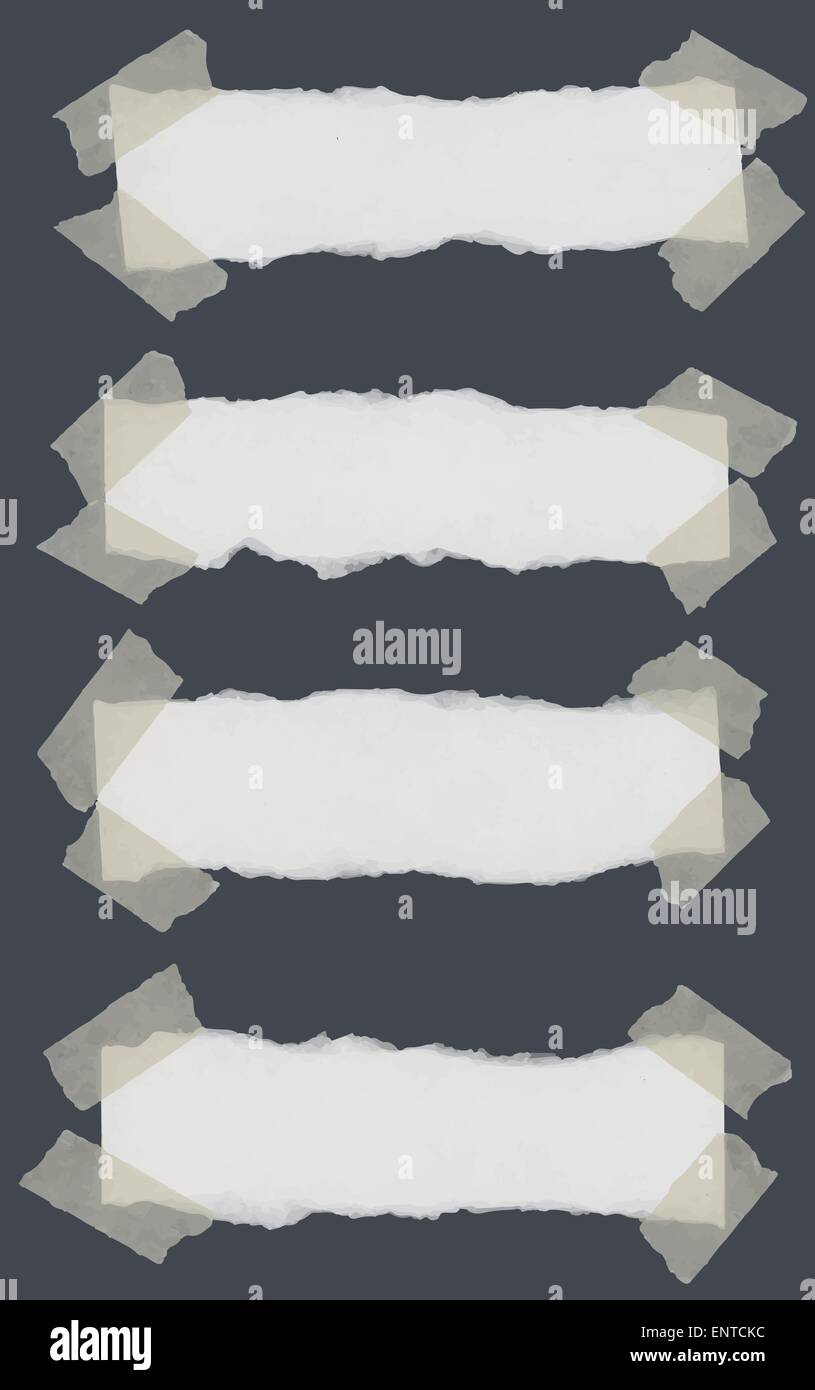 Set of various torn note papers with adhesive, sticky tape on dark gray