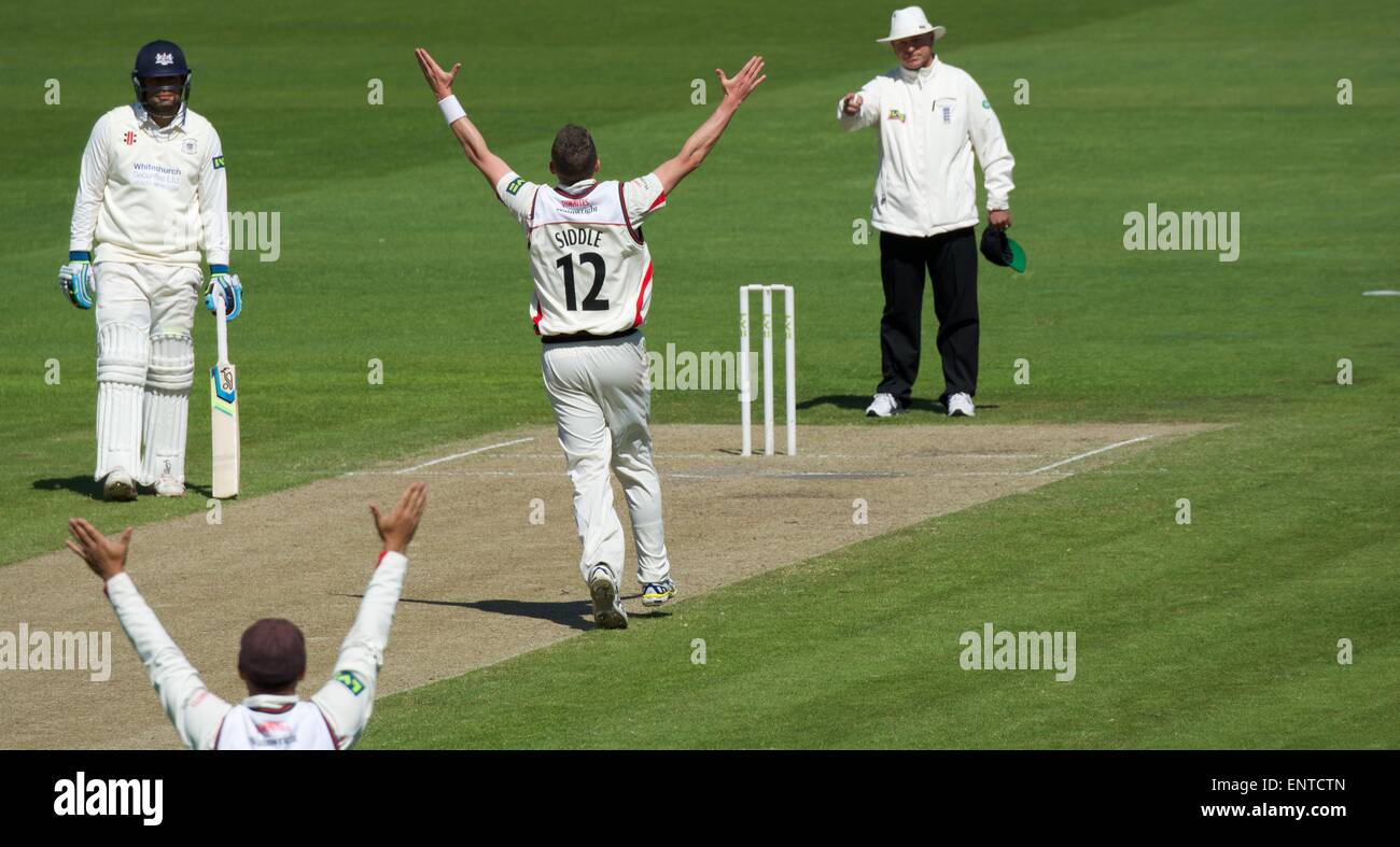 Old Trafford, Manchester, UK. 11th May, 2015. Peter Siddle appeals successfully for lbw to take his third wicket. He finishes with figures of 3 for 55. this is his last match for Lancashire before joining the Australian team. County Cricket Lancashire v Gloucestershire Day 2 Credit:  John Fryer/Alamy Live News Stock Photo