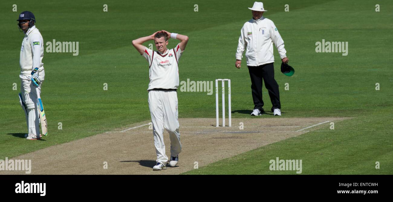 Old Trafford, Manchester, UK. 11th May, 2015. Peter Siddle shows his disappointment at beating the batsman, but failing to get him out . He finishes with figures of 3 for 55. this is his last match for Lancashire before joining the Australian team. County Cricket Lancashire v Gloucestershire Day 2 Credit:  John Fryer/Alamy Live News Stock Photo