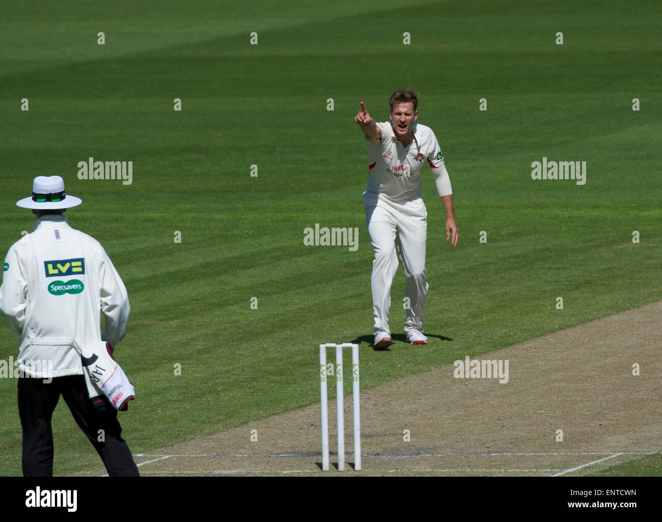 Old Trafford, Manchester, UK. 11th May, 2015. Kyle Jarvis (Lancs) appeals unsuccessfully for lbw. He finishes with figures of 4 for 121. County Cricket Lancashire v Gloucestershire Day 2 Credit:  John Fryer/Alamy Live News Stock Photo