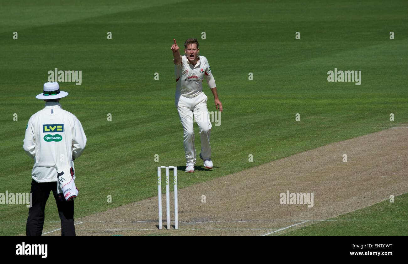 Old Trafford, Manchester, UK. 11th May, 2015. Kyle Jarvis (Lancs) appeals unsuccessfully for lbw. He finishes with figures of 4 for 121. County Cricket Lancashire v Gloucestershire Day 2 Credit:  John Fryer/Alamy Live News Stock Photo