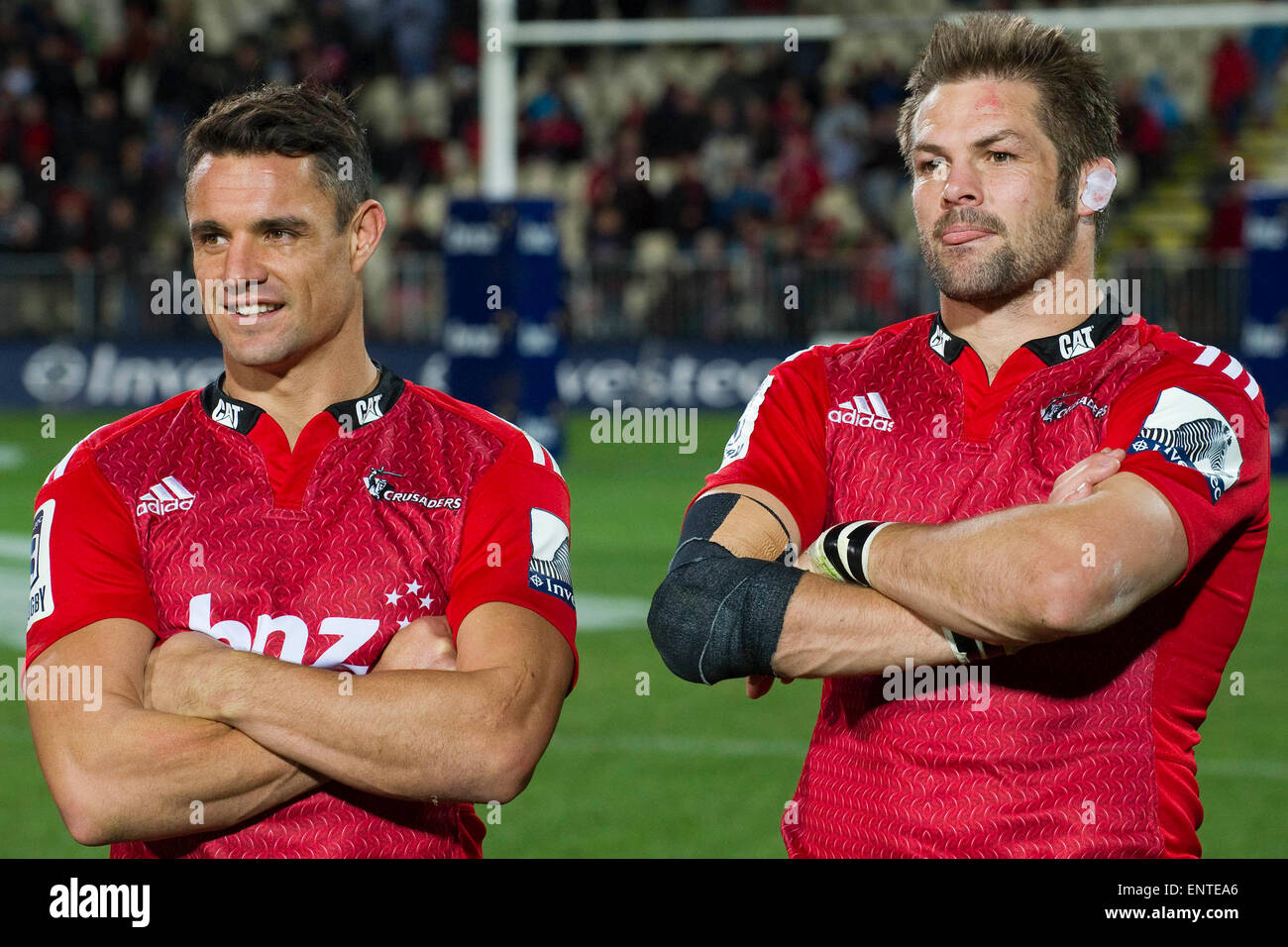 Christchurch, New Zealand. 8th May, 2015. Christchurch, New Zealand - May 8, 2015 - Dan Carter and Richie McCaw both of the Crusaders (L-R) after the Investec Super Rugby match between the Crusaders and Reds at AMI Stadium on May 8, 2015 in Christchurch, New Zealand. © dpa/Alamy Live News Stock Photo