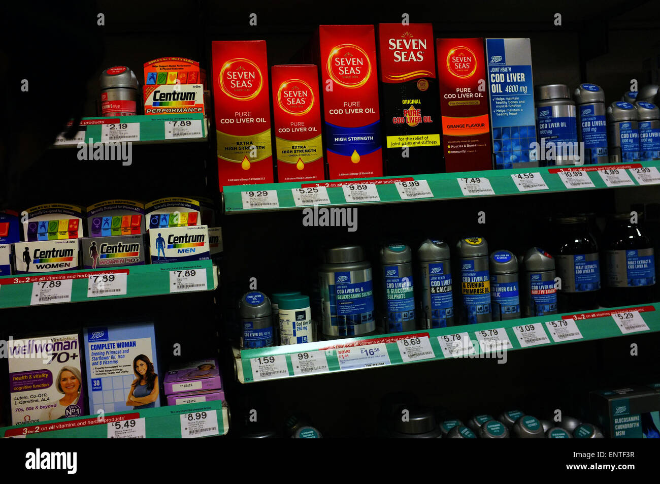 Bottle of cod liver oil capsules and vitamin supplement tablets on the