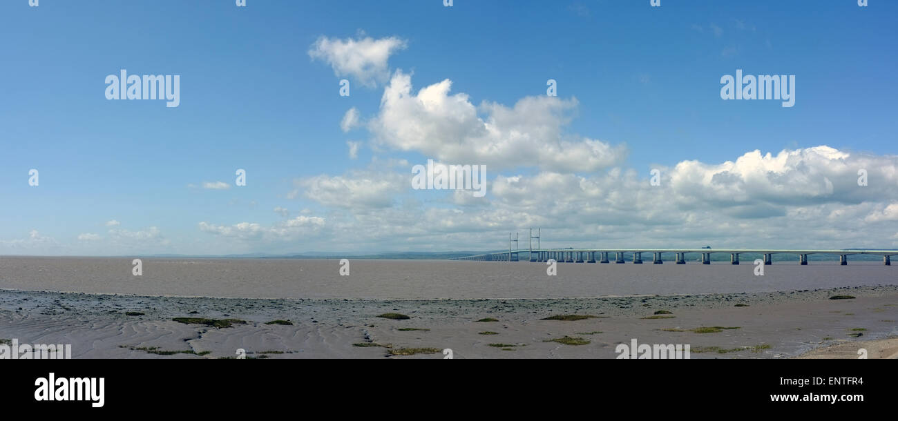 A panoramic view of the Second Severn Crossing bridge connecting England to Wales as seen from Severn Beach in Gloucestershire. Stock Photo