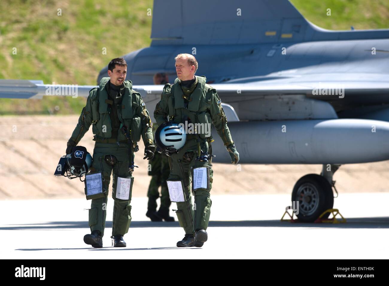 Caslav, Czech Republic. 11th May, 2015. Jas-39 Gripen fighters of the Hungarian and Swedish on the photo) air forces have landed the military airport in Caslav to take