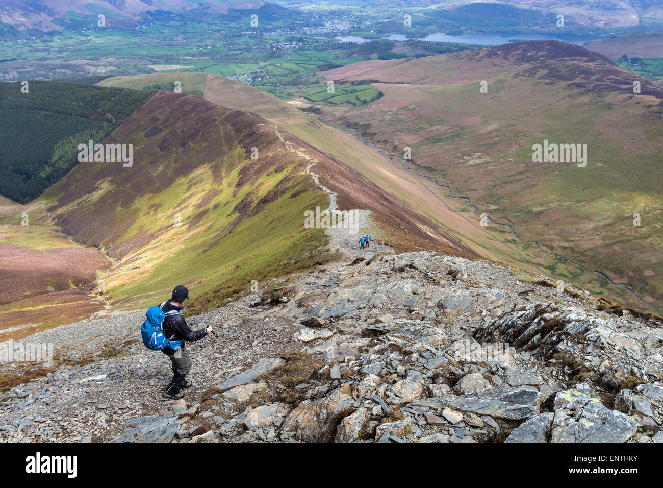 Walkers Descending Towards Sleet How From Grisedale Pike, Lake District, Cumbria UK Stock Photo