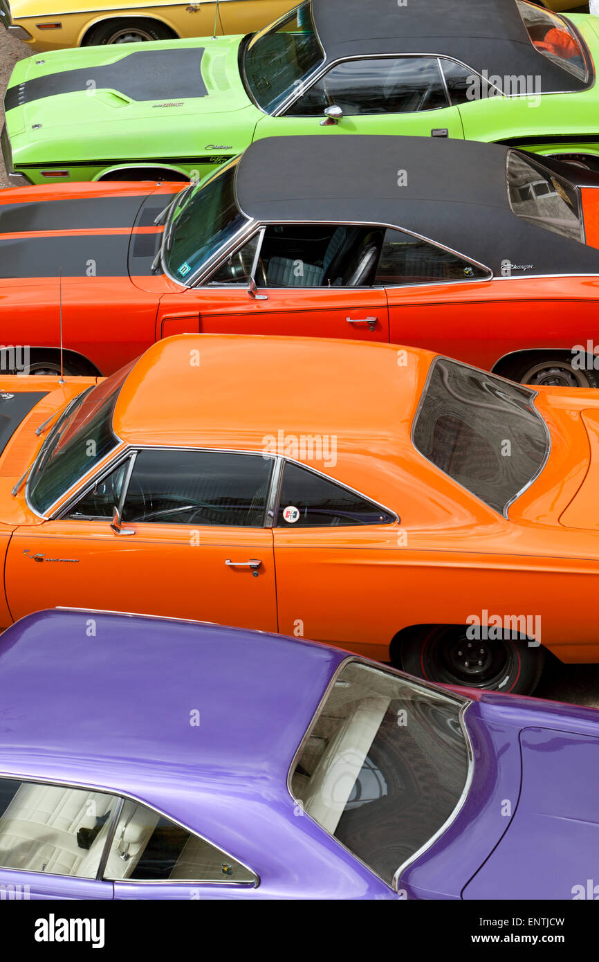 Vintage Dodge Charger and Plymouth Roadrunner muscle cars, high angle view Stock Photo