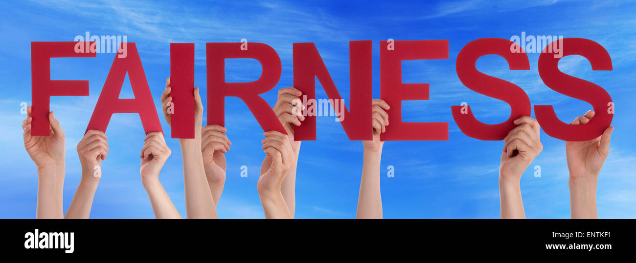 Hands Holding Red Straight Word Fairness Blue Sky Stock Photo