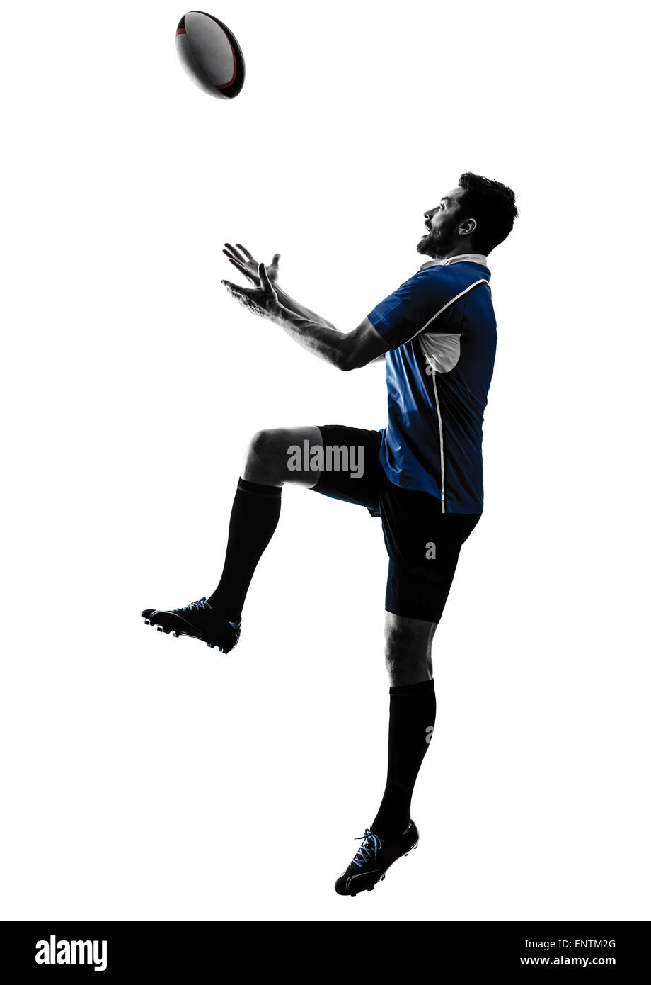 one caucasian rugby man player  in studio  silhouette isolated on white background Stock Photo
