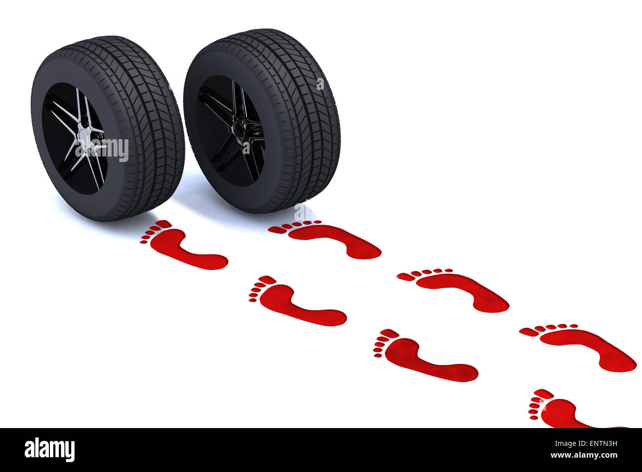 red footsteps walking with tires, 3d illustration Stock Photo