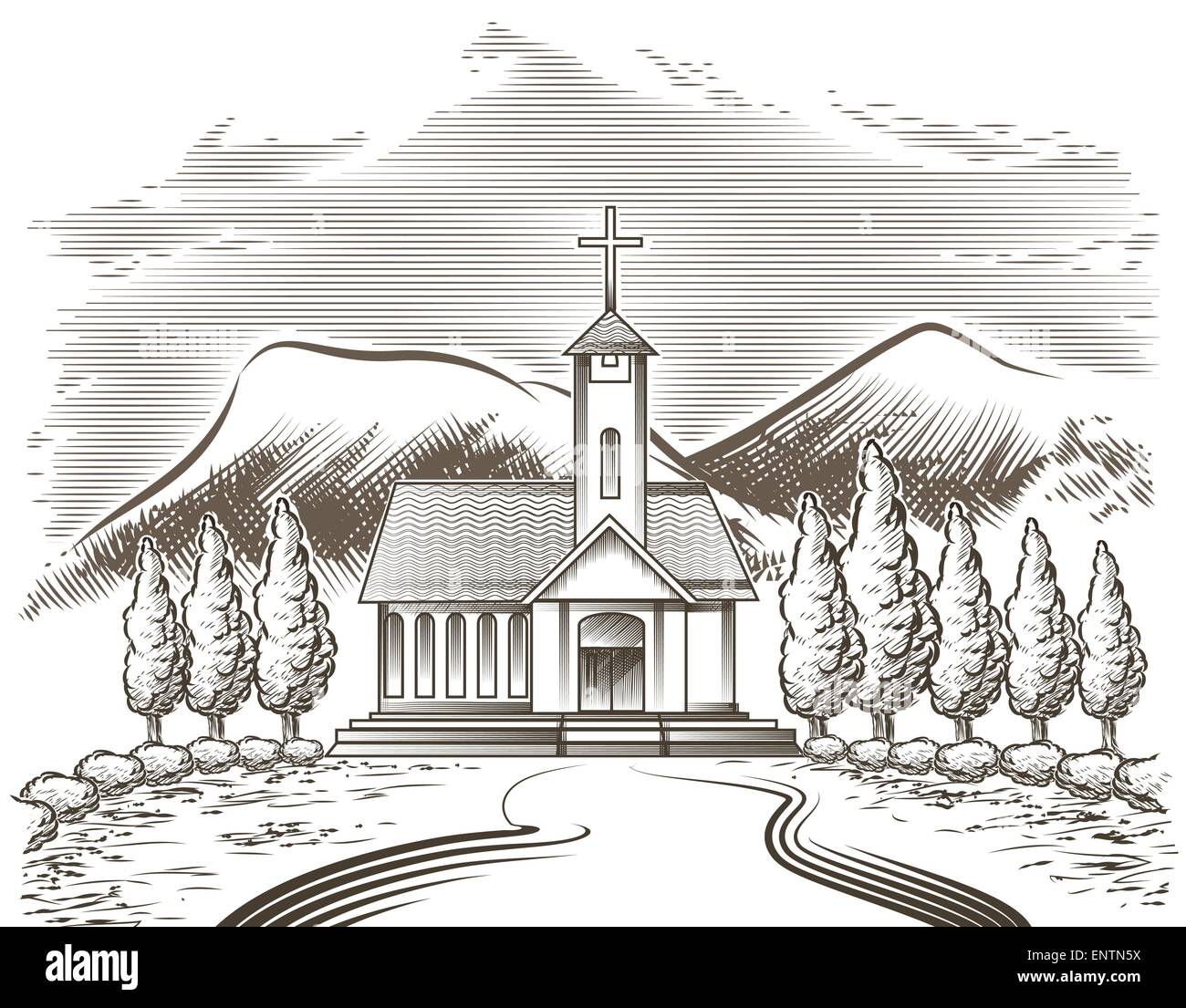 Illustration of church yard and village road against mountain landscape drawn in vintage engraving style Stock Vector
