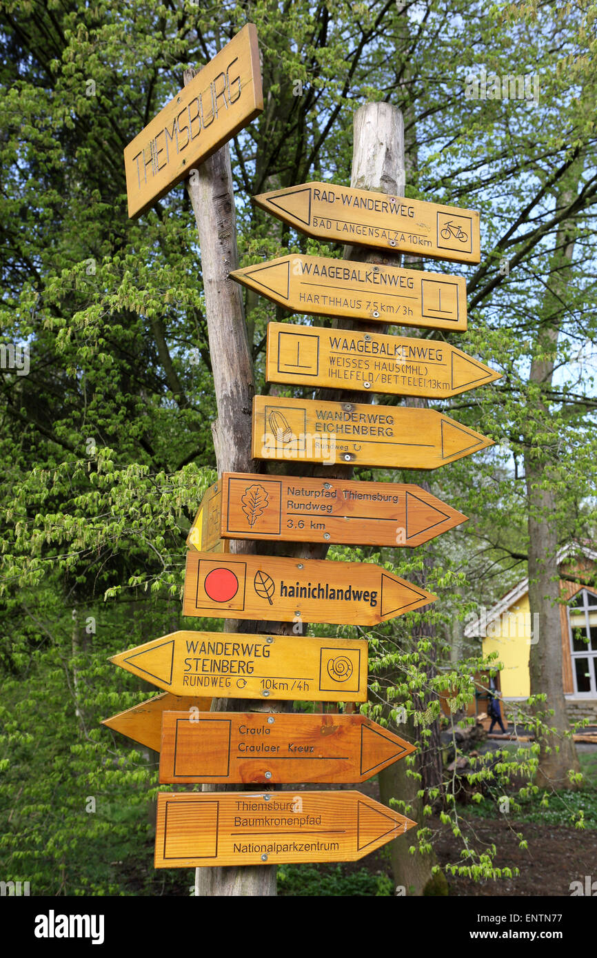 Signs for trails within in Hainich National Park, Germany. Stock Photo