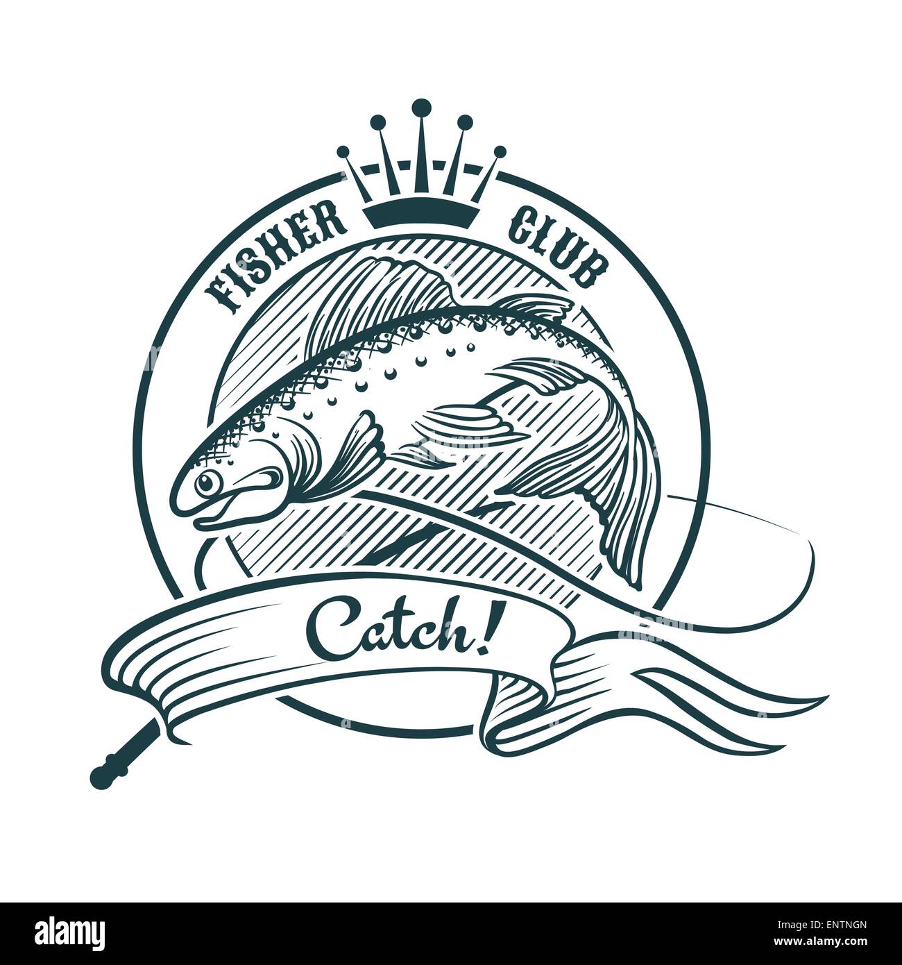 Badge or label with jumping salmon. Good for your fishing club logo. Isolated on White. Stock Vector