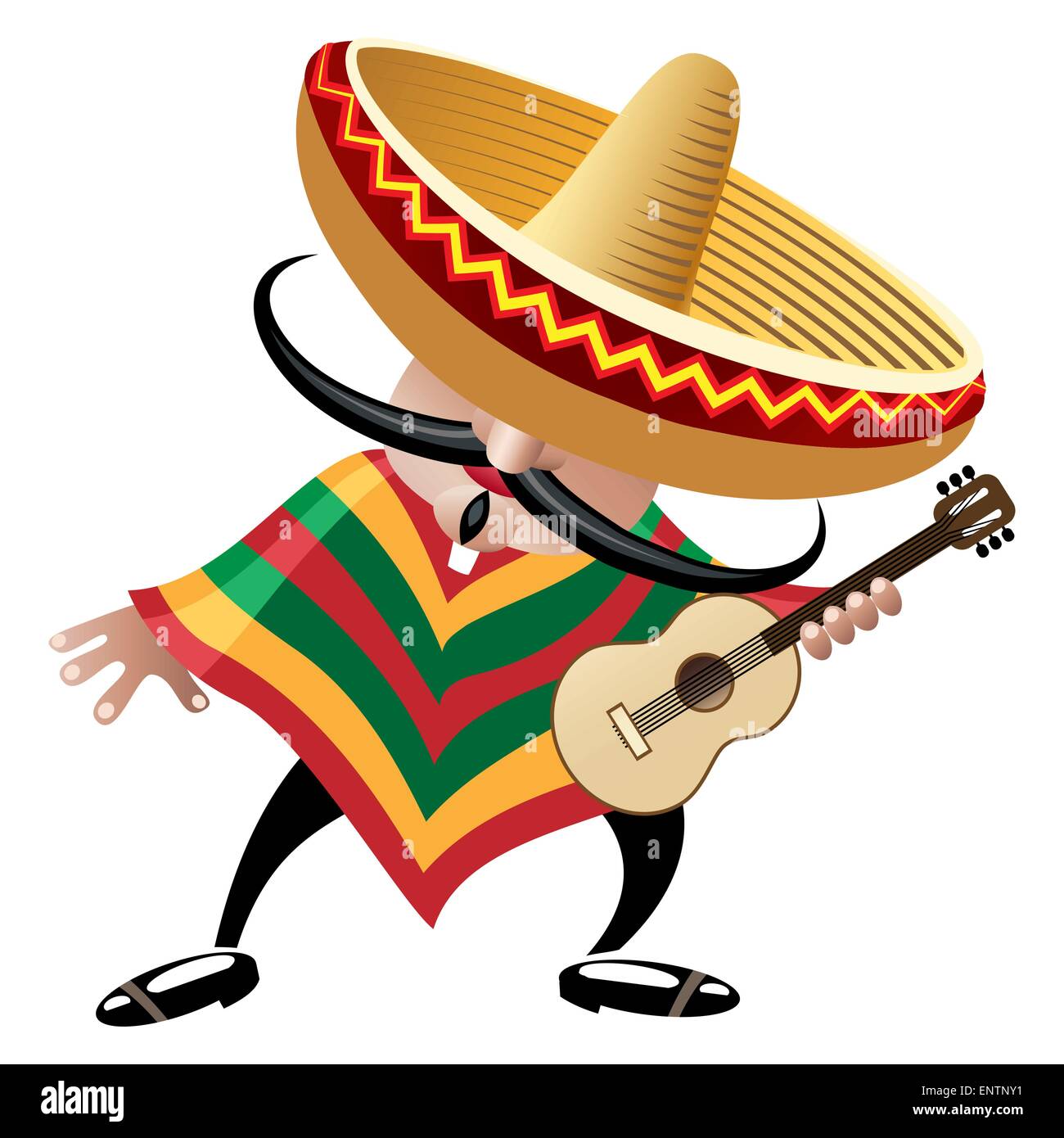 vector illustration of Mexican musician in sombrero with guitar drawn in cartoon style Stock Vector