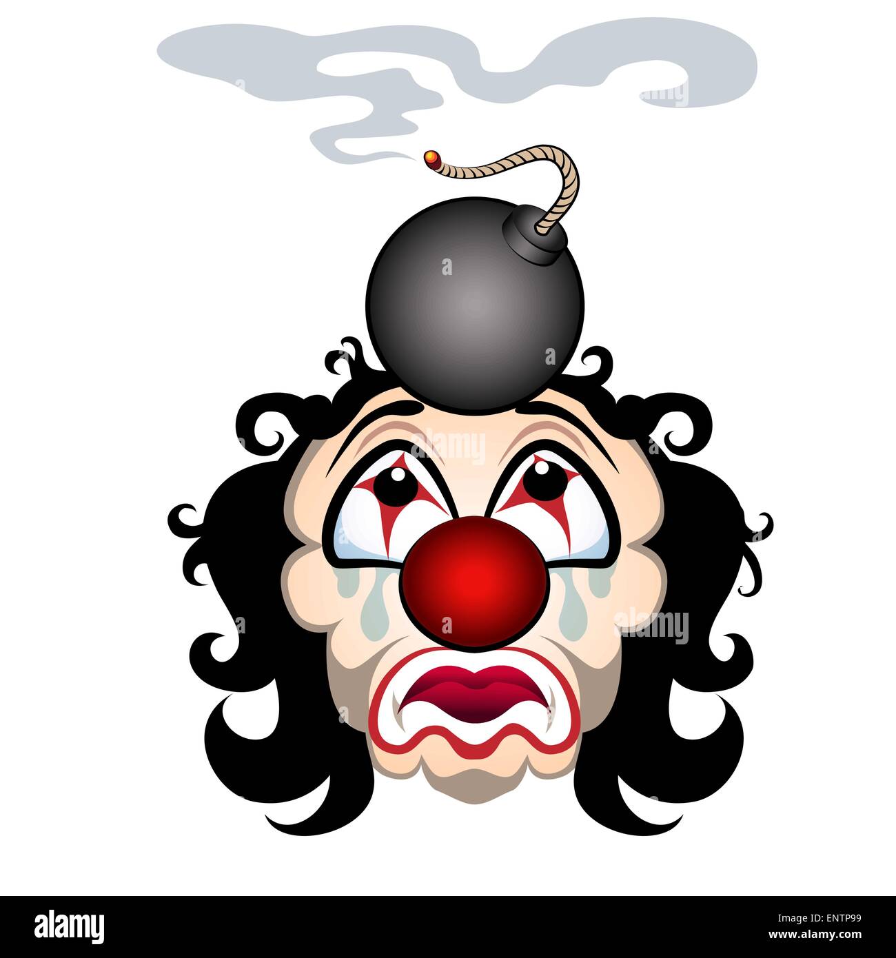 Comic illustration of the sad clown with the lit bomb on his head. Isolated on white background. Stock Vector