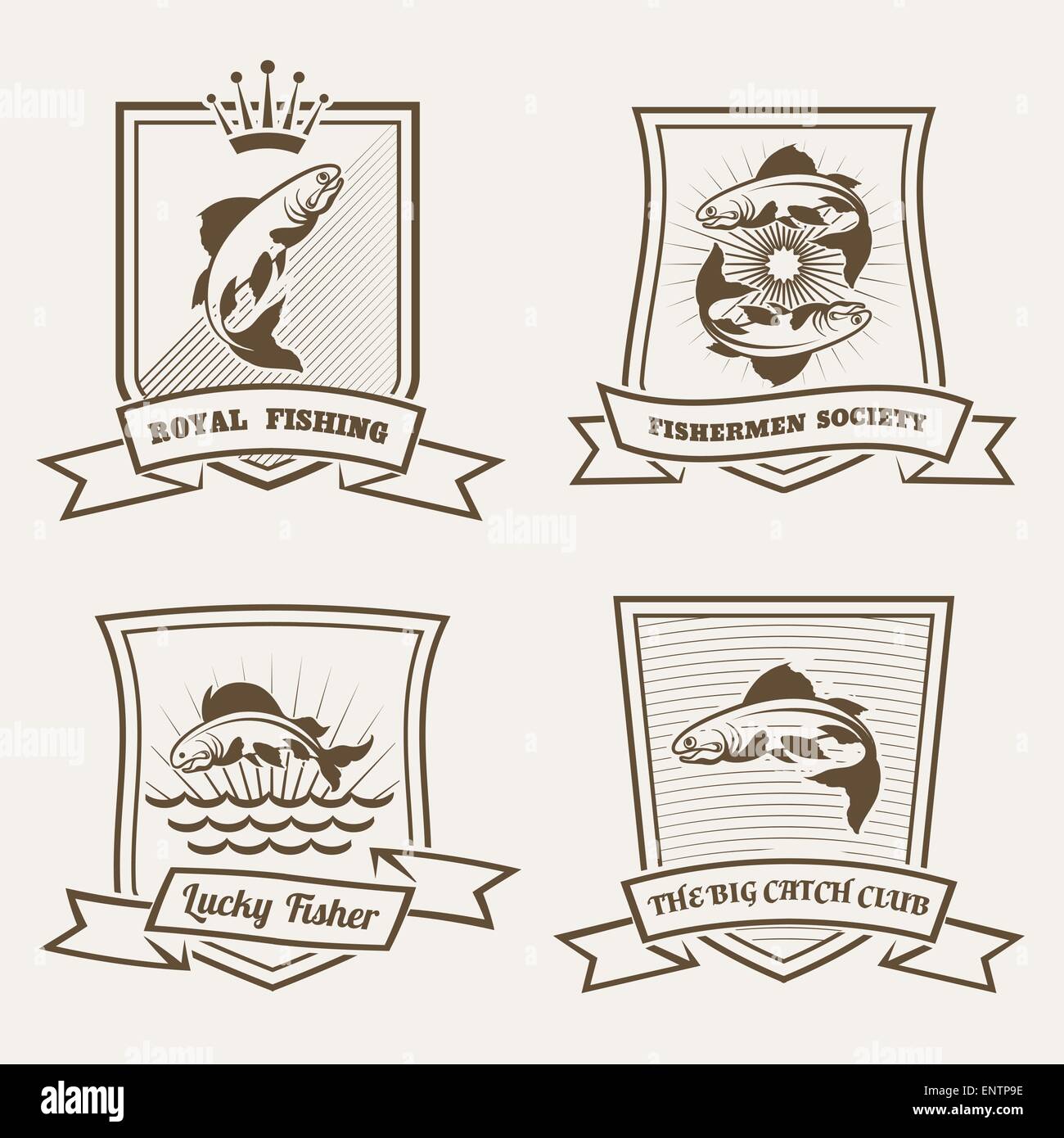 Set of labels or badges with salmon fish drawn in retro monochrome style Stock Vector