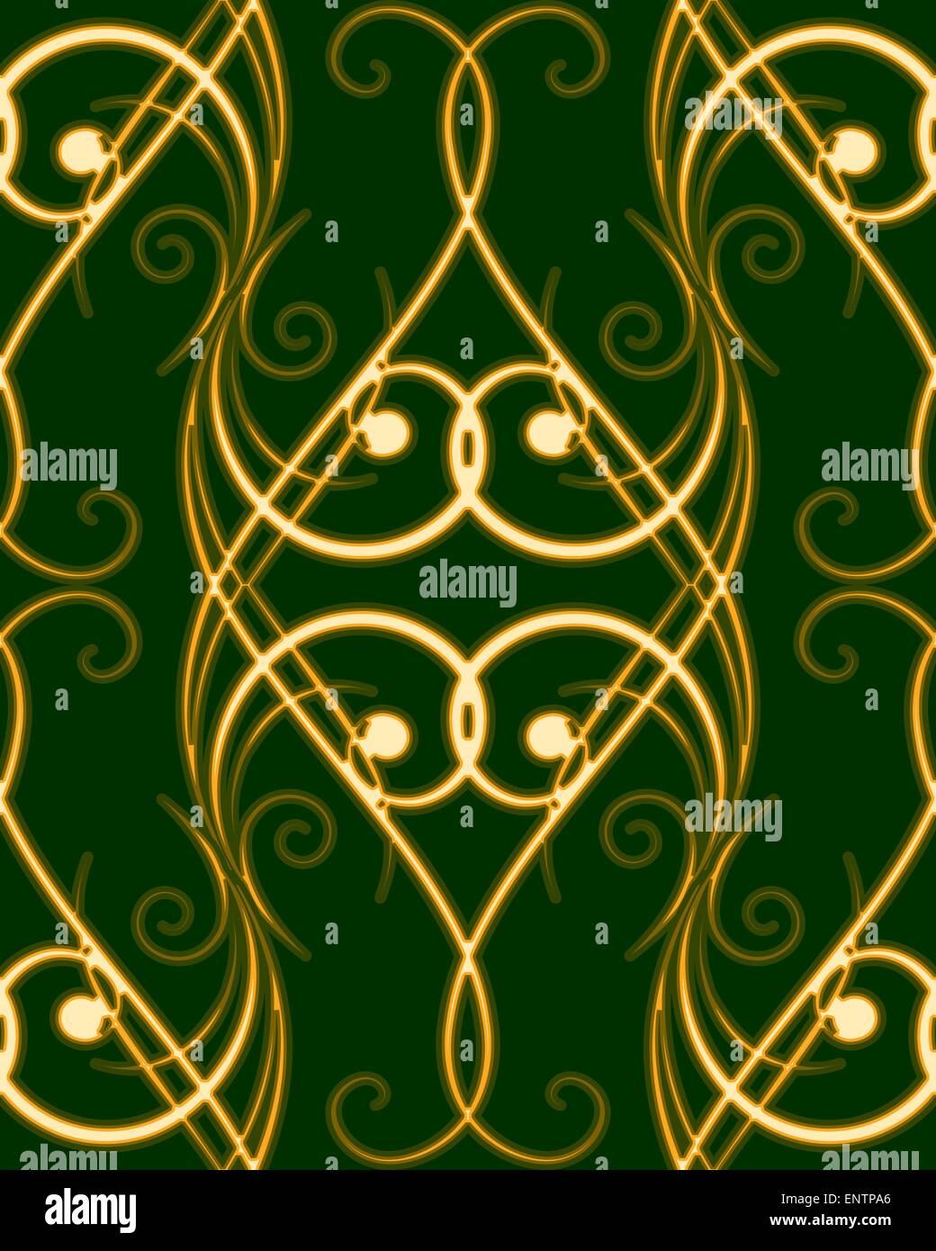 seamless pattern with golden shiny swirls on dark green background ...