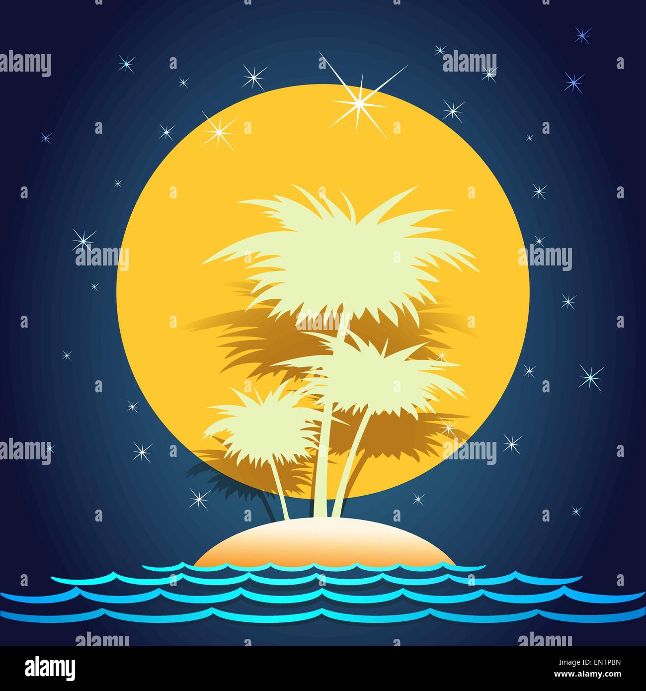 A vector illustration of tropical island in the sea against full moon ...