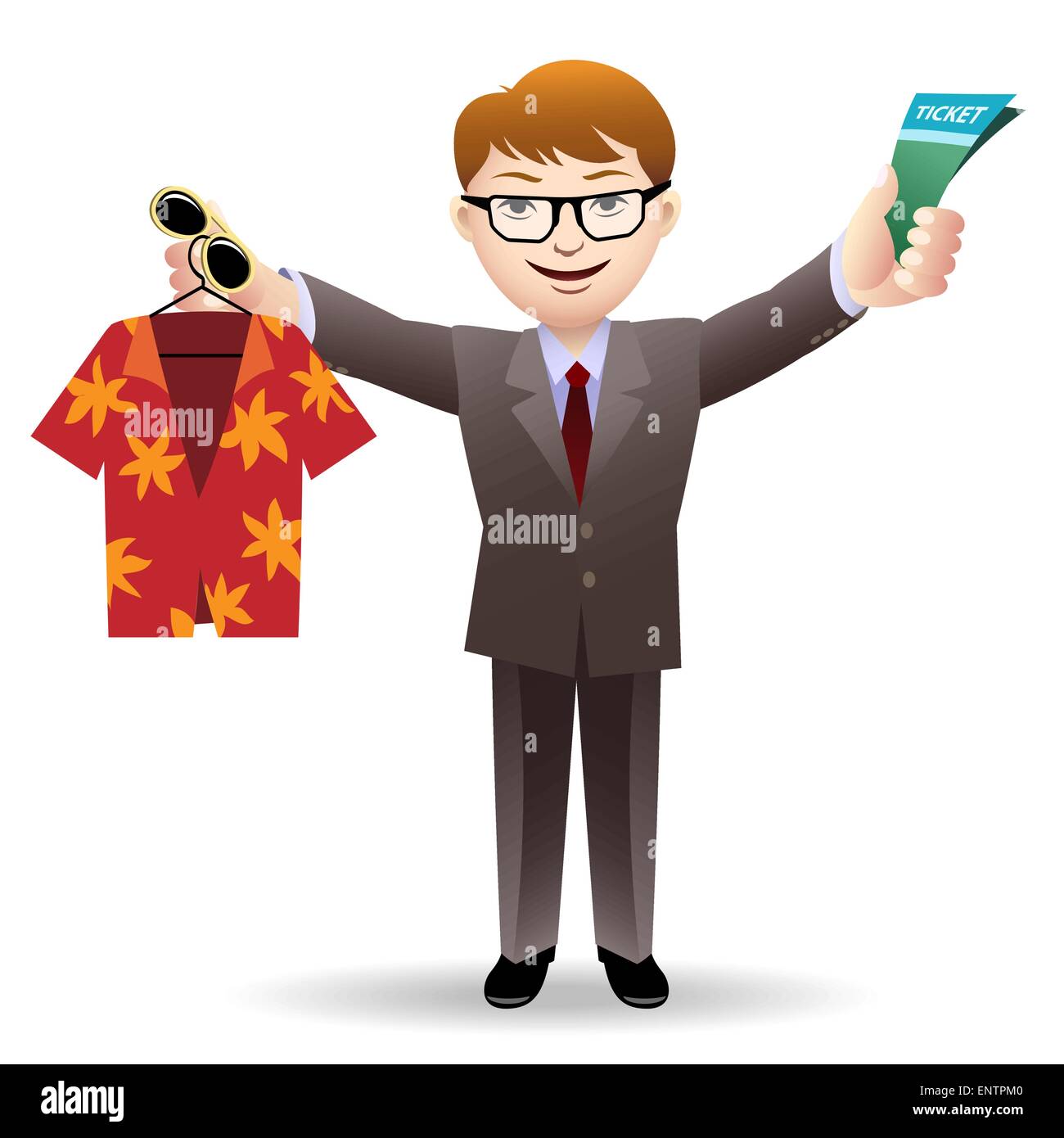 Joyful young man in office suit with ticket, tropical shirt and sunglasses in hands. Isolated on white background. Stock Vector