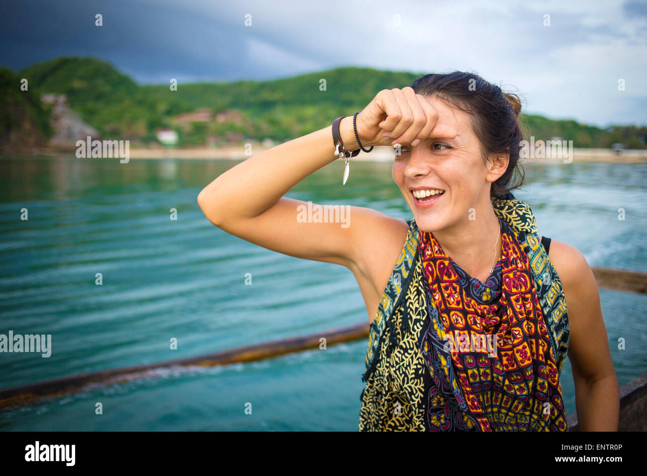 Woman traveling by boat. Stock Photo