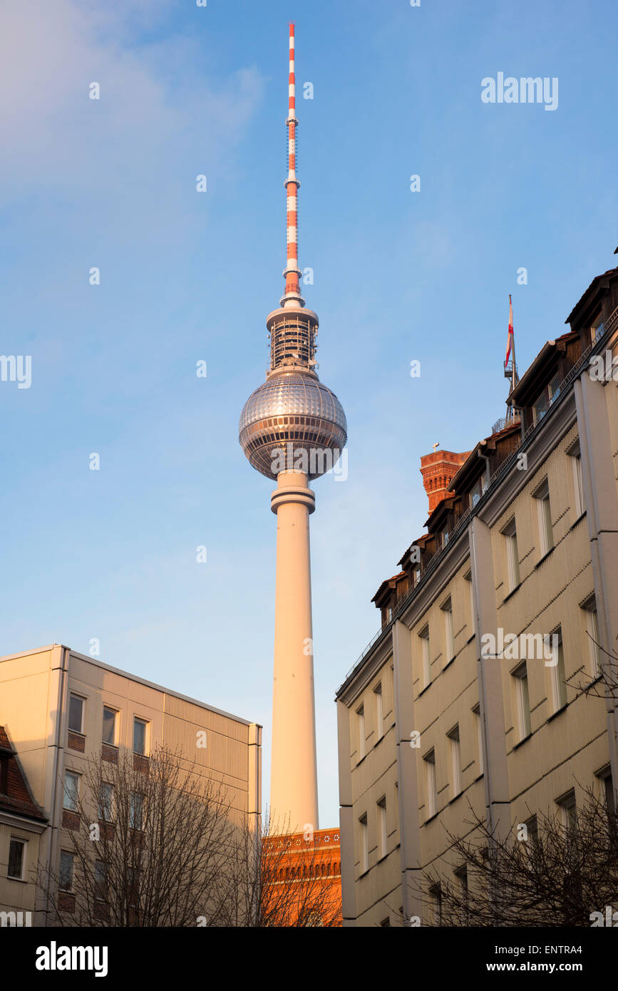 famous Berlin TV tower by bright sunny evening Stock Photo