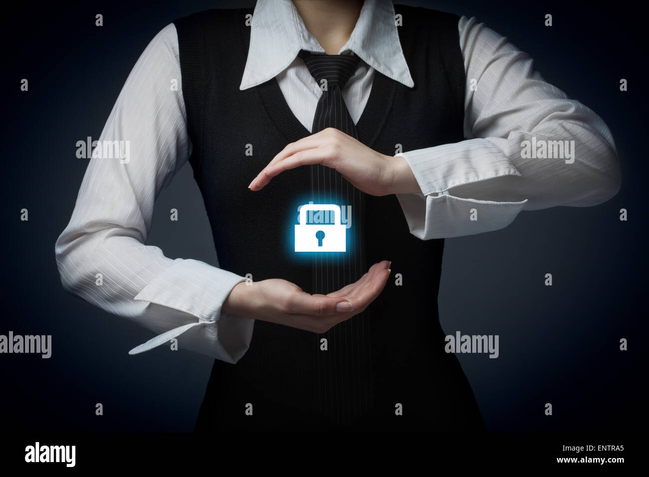 Security services and protection concept. Login, sign in concepts. Businessman offer padlock, symbol of security. Stock Photo