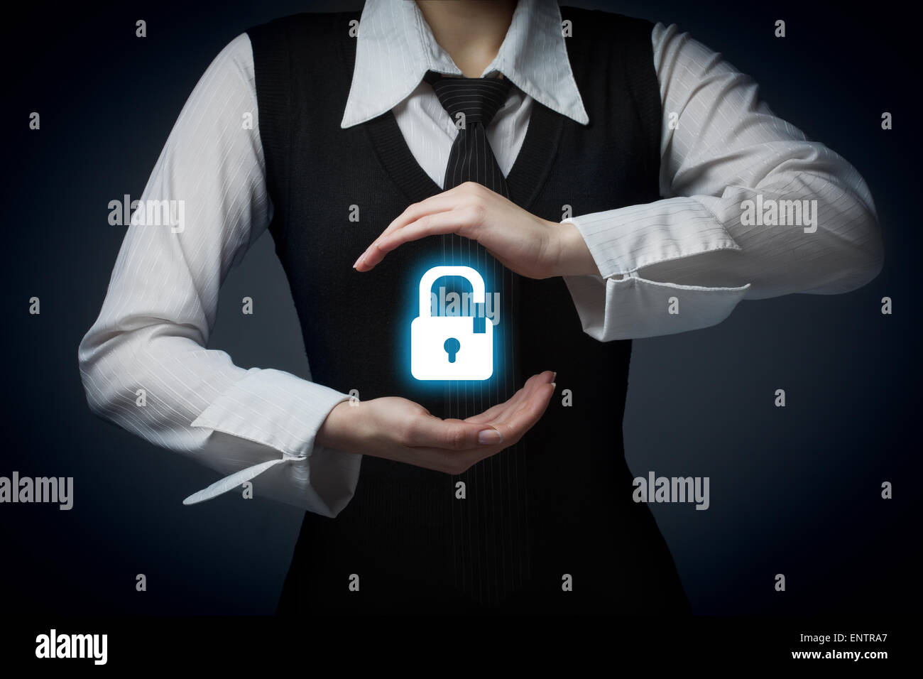 Security services and protection concept. Login, sign in concepts. Businessman offer padlock, symbol of security. Stock Photo