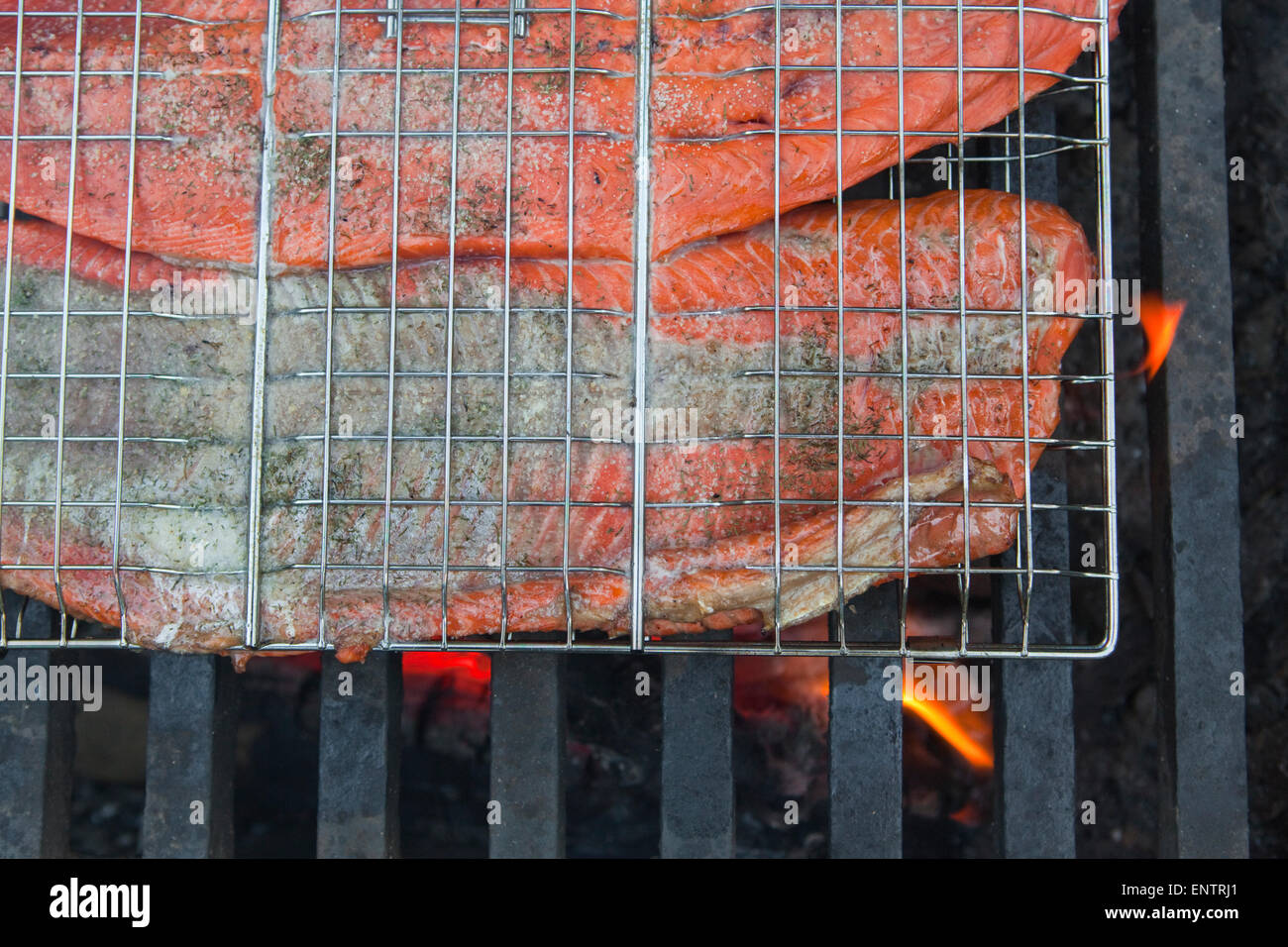 Freshly caught sockeye salmon filets grill over a fire at a campground on the Copper River near Chitina, Alaska. Stock Photo