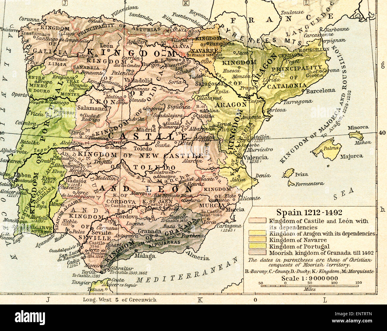 Map of Spain, 1212-1492.  Showing the kingdom of Castile and León with its dependencies,  kingdom of Aragon with its dependencies, kingdom of Navarre, kingdom of Portugal and Moorish kingdom of Granada till 1492. Stock Photo