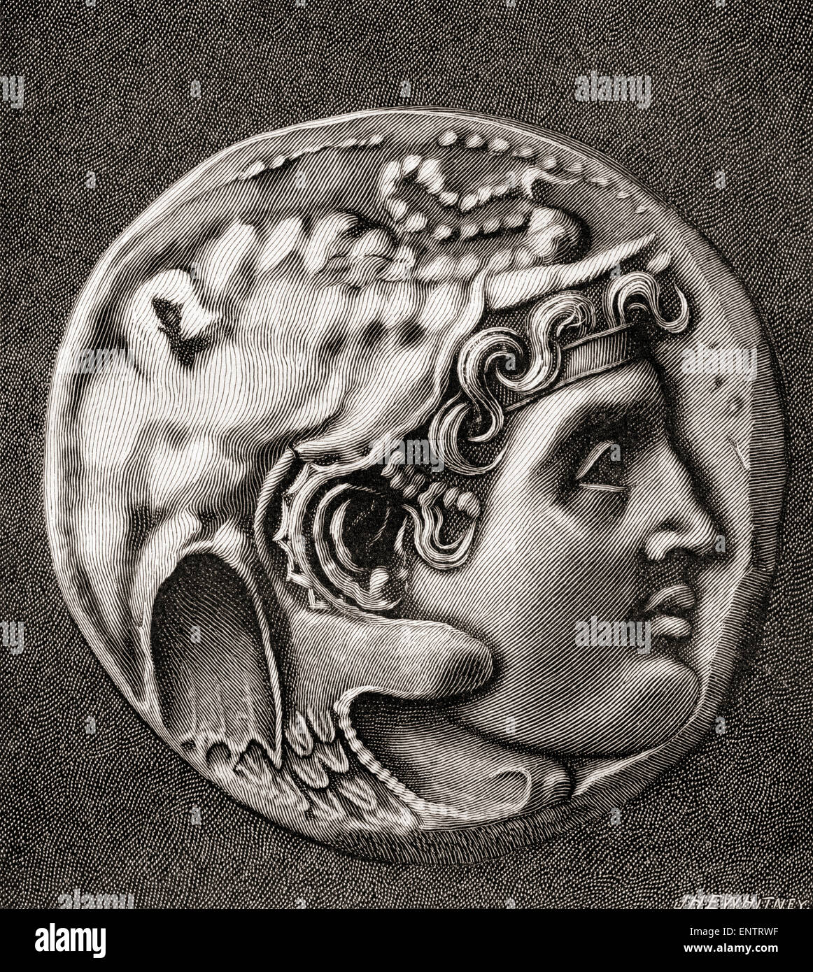 Coin showing the head of Alexander III of Macedon,  356 – 323 BC, aka Alexander the Great. King of the Ancient Greek kingdom of Macedon. Stock Photo