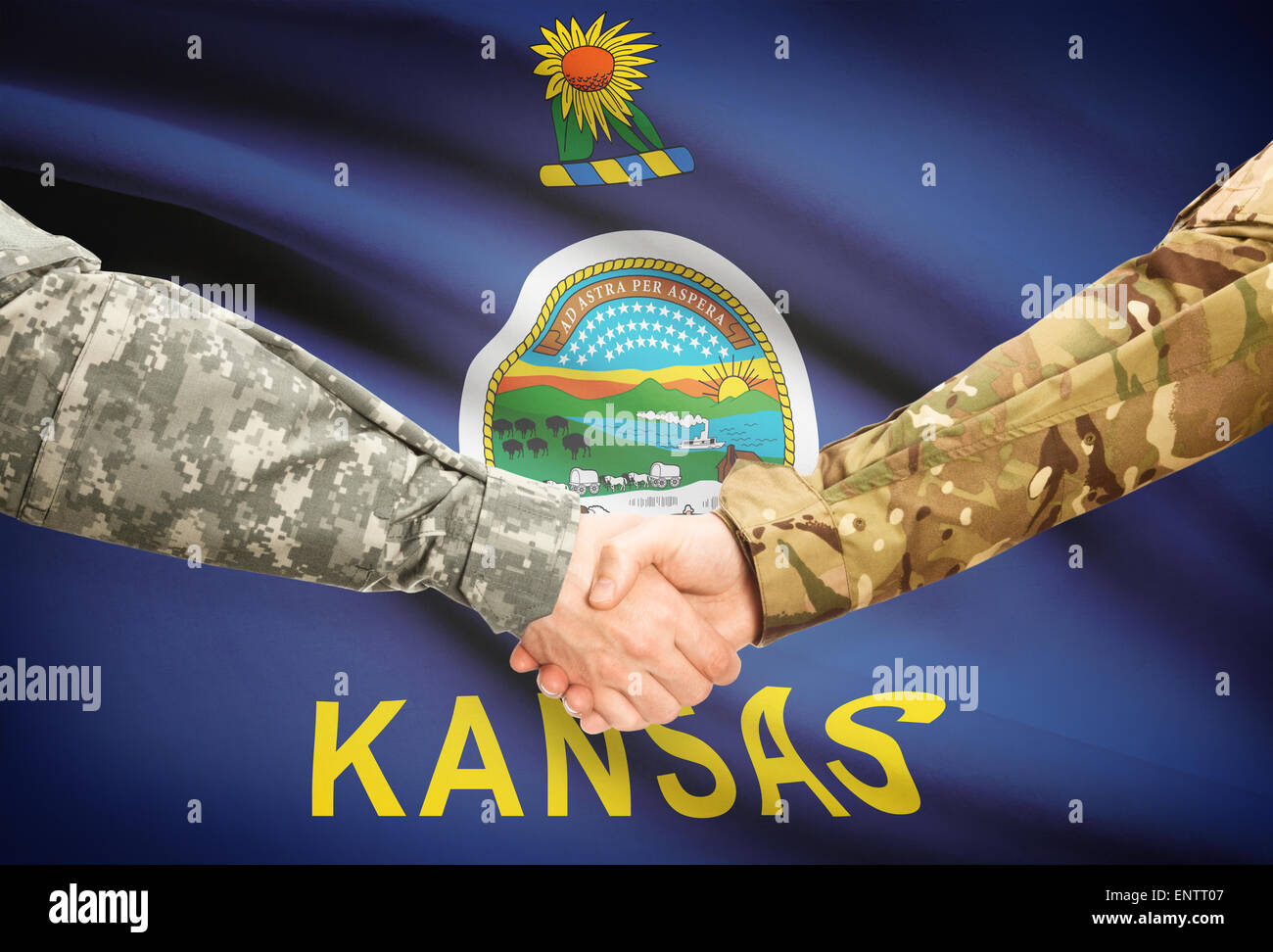 Soldiers handshake and US state flag Kansas Stock Photo Alamy