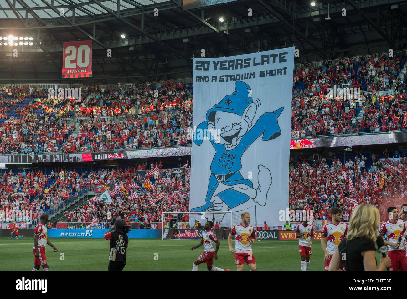 Harrison, New Jersey, USA. 10th May, 2015. Red Bulls' fans taunt NYCFC with  a banner before the New York Red Bulls vs. New York City FC, Red Bull  Arena, Sunday May 10,