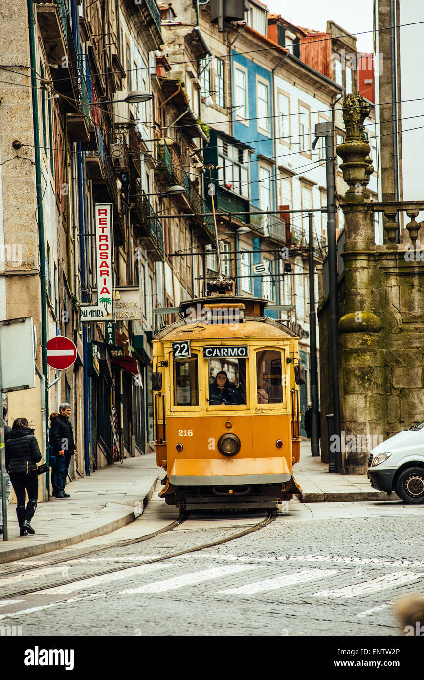 Portuguese classic tramway on the street of Porto, Portugal Stock Photo