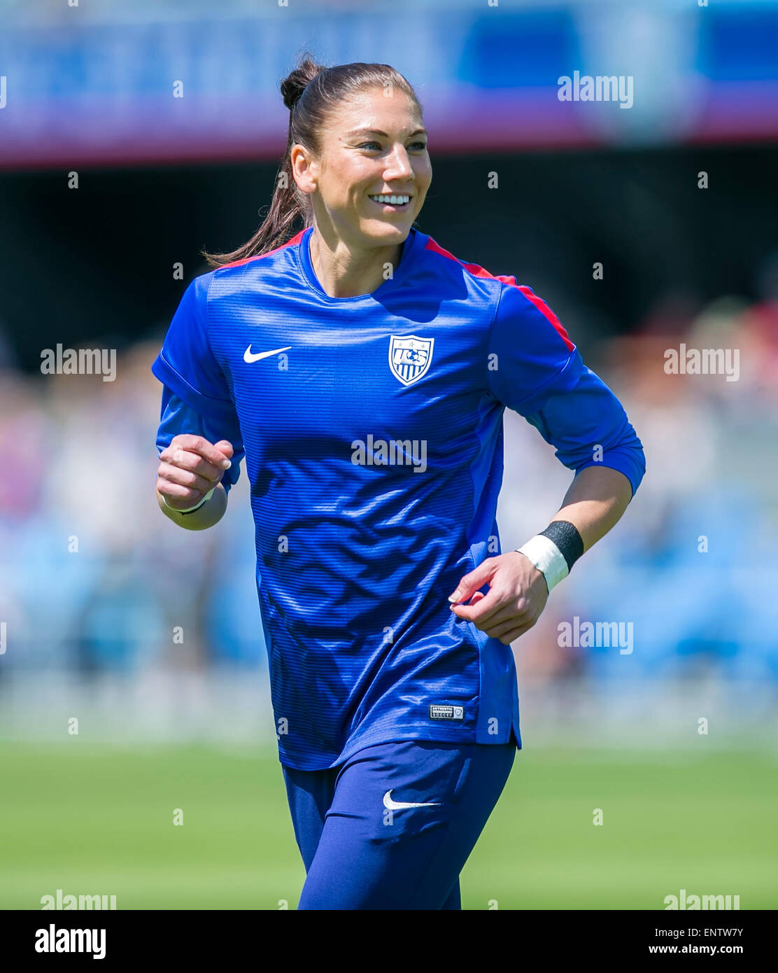 San Jose, CA. 10th May, 2015. US goalie Hope Solo warms up prior to the FIFA soccer game between the US Women's National Team and Ireland at Avaya Stadium in San Jose, CA. The US defeated Ireland 3-0. Damon Tarver/Cal Sport Media/Alamy Live News Stock Photo