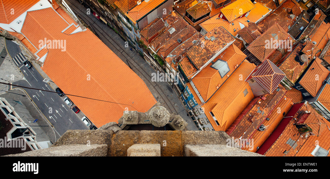 Tiled roofs of the old town view from Clérigos Tower in Porto, Portugal Stock Photo
