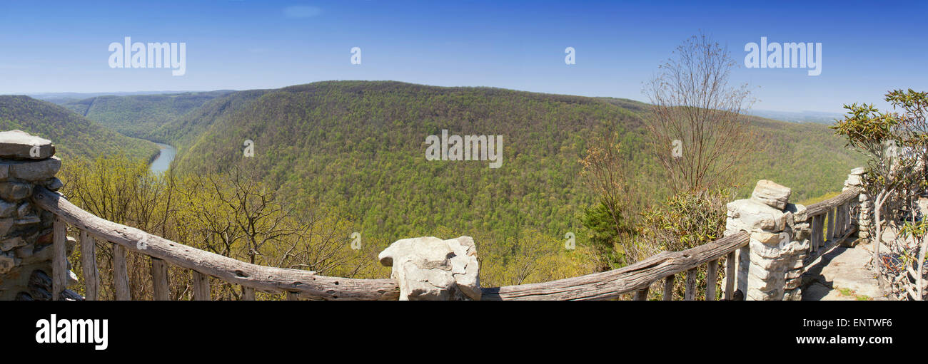 Panoramic view of Cheat River valley from overlook viewing platform in Coopers Rock State Forest. Stock Photo